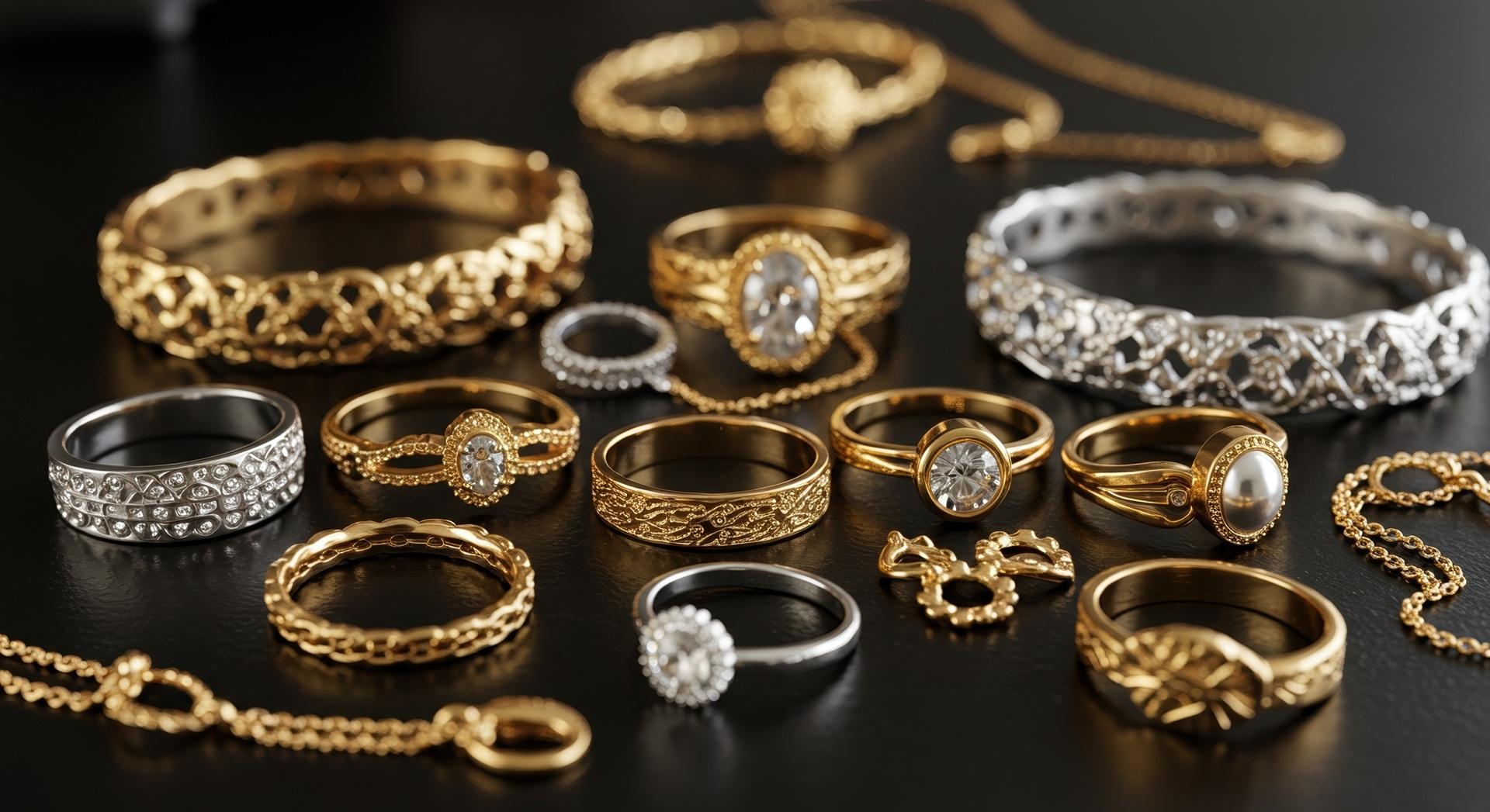 Gold- und Silberringe auf dunklem Untergrund | Eheringe Gold

