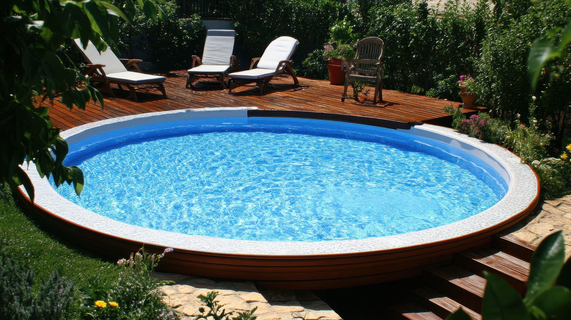 Runder Aufstellpool im Garten mit Holzdeck und Sonnenliegen neben Pflanzenbeet